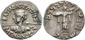 BAKTRIA, Indo-Greek Kingdom. Menander I, circa 165/55-130 BC. Drachm (Silver, 18 mm, 2.45 g, 1 h), Indian standard, uncertain mint in Paropamisadai or...