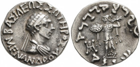 BAKTRIA, Indo-Greek Kingdom. Menander I, circa 165/55-130 BC. Drachm (Silver, 15 mm, 2.39 g, 11 h), Indian standard, uncertain mint in Paropamisadai o...