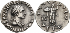BAKTRIA, Indo-Greek Kingdom. Menander I, circa 165/55-130 BC. Drachm (Silver, 15 mm, 2.42 g, 12 h), Indian standard, uncertain mint in Paropamisadai o...