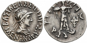 BAKTRIA, Indo-Greek Kingdom. Menander I, circa 165/55-130 BC. Drachm (Silver, 16 mm, 2.44 g, 11 h), Indian standard, uncertain mint in Paropamisadai o...