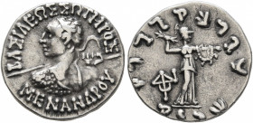 BAKTRIA, Indo-Greek Kingdom. Menander I, circa 165/55-130 BC. Drachm (Silver, 16 mm, 2.43 g, 1 h), Indian standard, uncertain mint in Paropamisadai or...