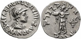 BAKTRIA, Indo-Greek Kingdom. Menander I, circa 165/55-130 BC. Drachm (Silver, 17 mm, 2.43 g, 1 h), Indian standard, uncertain mint in Paropamisadai or...