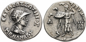 BAKTRIA, Indo-Greek Kingdom. Menander I, circa 165/55-130 BC. Drachm (Silver, 16 mm, 2.44 g, 12 h), Indian standard, uncertain mint in Paropamisadai o...