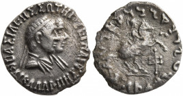 BAKTRIA, Indo-Greek Kingdom. Hermaios, with Calliope, circa 105 BC. Drachm (Silver, 17 mm, 2.00 g, 11 h), uncertain mint in Paropamisadai. ΒΑΣΙΛΕΩΣ ΣΩ...