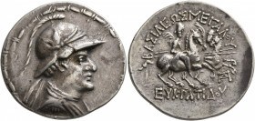 EARLY SKYTHIANS, Imitating Eukratides I of Baktria. Tetradrachm (Silver, 35 mm, 16.78 g, 12 h), late 2nd-early 1st century BC. Diademed and draped bus...