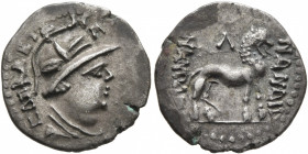 YUEH-CHI. Sapadbizes, late 1st century BC. Hemidrachm (Silver, 15 mm, 1.87 g, 1 h). CAΠAΛBIZHS Draped bust to right, wearing crested Macedonian helmet...