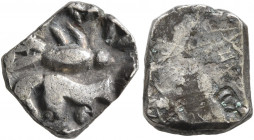 INDIA, Pre-Mauryan (Ganges Valley). Surasena Janapada. 500-350 BC. 1/2 Karshapana (Silver, 10 mm, 1.73 g), circa 400-350 BC. Stylized fish to right; b...
