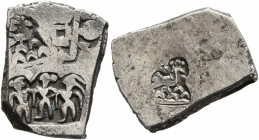 INDIA, Mauryan Empire. Circa 2nd century BC. Karshapana (Silver, 13x16 mm, 3.39 g). Three punches: three human figures, scales symbol and peacock stan...