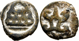 INDIA, Post-Mauryan (Deccan). Chutus of Banavasi. Anonymous issues, circa 30 BC-AD 345. Fraction (Lead, 18 mm, 4.51 g, 1 h). Eight-arched hill. Rev. S...