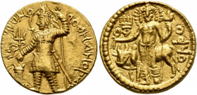 INDIA, Kushan Empire. Vasudeva I, circa 192-225. Dinar (Gold, 20 mm, 8.10 g, 12 h), maint mint in Baktria (Balkh?). Vasudeva I standing front, head to...