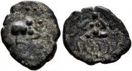 INDIA, Post-Gupta (Malwa). Kalachuris of Mahismati. Krishna Raja, circa 550-575. AE (Bronze, 13 mm, 1.14 g, 3 h). Recumbent bull to right. Rev. Goddes...