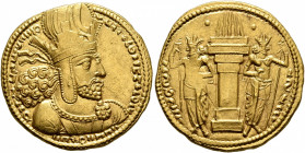SASANIAN KINGS. Shahpur I, 240-272. Dinar (Gold, 21 mm, 7.39 g, 3 h), Mint C (Ktesiphon), circa 260-272. MZDYSN BGY ŠHPWHRY MRKAN MRKA 'YR'N MNW CTRY ...