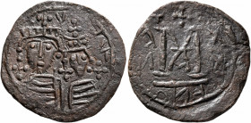 SASANIAN KINGS. Khosrau II, 591-628. Follis (Bronze, 31 mm, 10.94 g, 1 h), imitating an issue of Heraclius with Heraclius Constantine, struck during t...