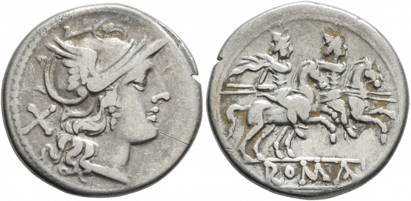 Anonymous, circa 211-208 BC. Denarius (Silver, 19 mm, 3.85 g, 12 h), Rome. Head ...