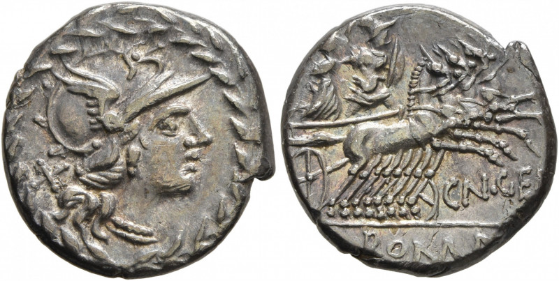 Cn. Gellius, 138 BC. Denarius (Silver, 17 mm, 3.66 g, 7 h), Rome. Head of Roma t...