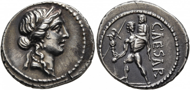 Julius Caesar, 49-44 BC. Denarius (Silver, 18 mm, 3.94 g, 5 h), military mint mo...