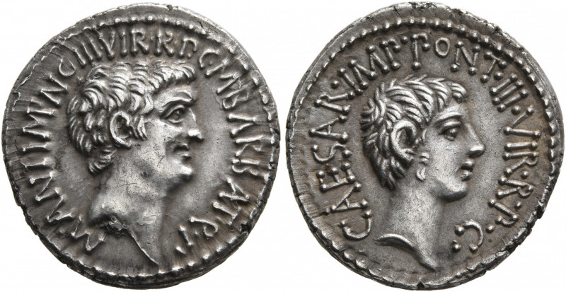 Mark Antony and Octavian. Denarius (Silver, 20 mm, 3.90 g, 12 h), with M. Barbat...