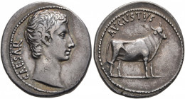 Augustus, 27 BC-AD 14. Denarius (Silver, 20 mm, 3.67 g, 12 h), Pergamum (?), circa 27 BC. CAESAR Bare head of Augustus to right. Rev. AVGVSTVS Bull st...