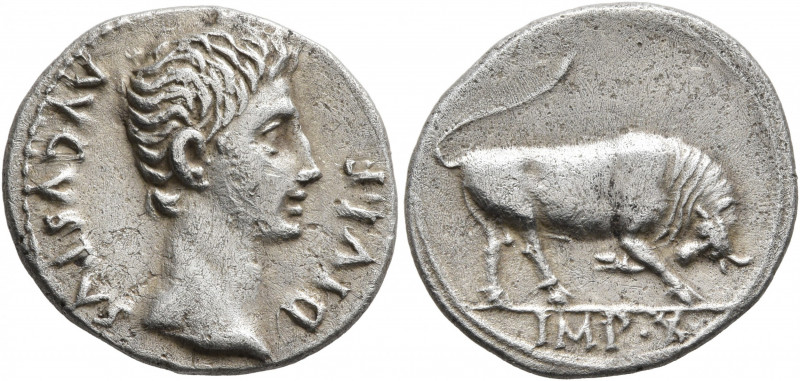 Augustus, 27 BC-AD 14. Denarius (Silver, 20 mm, 3.52 g, 6 h), Lugdunum, circa 15...