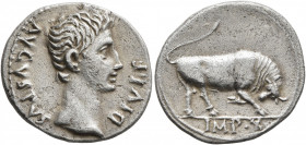 Augustus, 27 BC-AD 14. Denarius (Silver, 20 mm, 3.52 g, 6 h), Lugdunum, circa 15-13 BC. DIVI•F AVGVSTVS Bare head of Augustus to right. Rev. IMP•X Bul...