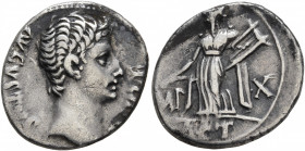 Augustus, 27 BC-AD 14. Denarius (Silver, 18 mm, 3.62 g, 9 h), Rome, 15-13 BC. AVGVSTVS DIVI•F Bare head of Augustus to right. Rev. IMP X Apollo Cithar...