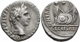 Augustus, 27 BC-AD 14. Denarius (Silver, 18 mm, 3.75 g, 4 h), Lugdunum, 2 BC-AD 4. CAESAR AVGVSTVS DIVI F PATER PATRIAE Laureate head of Augustus to r...