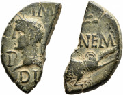 Augustus, with Agrippa, 27 BC-AD 14. As (Bronze, 13x26 mm, 6.47 g, 11 h), Nemausus, circa 10-14. IM[P] / P - [P] / DI[VI F] Heads of Agrippa, on left ...