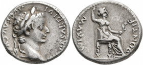 Tiberius, 14-37. Denarius (Silver, 18 mm, 3.67 g, 12 h), Lugdunum. TI CAESAR DIVI AVG F AVGVSTVS Laureate head of Tiberius to right. Rev. PONTIF MAXIM...