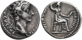 Tiberius, 14-37. Denarius (Silver, 17 mm, 3.76 g, 1 h), Lugdunum. TI CAESAR DIVI AVG F AVGVSTVS Laureate head of Tiberius to right. Rev. PONTIF MAXIM ...