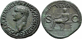 Gaius (Caligula), 37-41. As (Copper, 29 mm, 10.10 g, 6 h), Rome, 37-38. C CAESAR AVG GERMANICVS PON M TR POT Bare head of Gaius to left. Rev. VESTA / ...