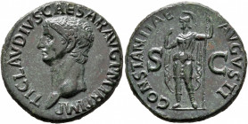 Claudius, 41-54. As (Copper, 29 mm, 11.81 g, 6 h), Rome, 41-42. TI CLAVDIVS CAESAR AVG P M TR P IMP Bare head of Claudius to left. Rev. CONSTANTIAE AV...