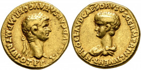 Claudius, 41-54. Aureus (Gold, 18 mm, 7.61 g, 7 h), Lugdunum, 51. TI CLAVD CAESAR AVG GERM P M TRIB POT P P Laureate head of Claudius to right. Rev. N...