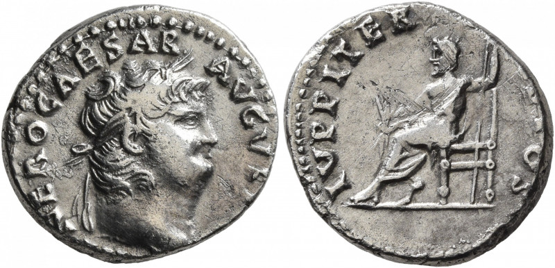 Nero, 54-68. Denarius (Silver, 18 mm, 2.93 g, 5 h), Rome, 64-65. NERO CAESAR AVG...