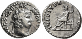 Nero, 54-68. Denarius (Silver, 18 mm, 2.93 g, 5 h), Rome, 64-65. NERO CAESAR AVGVSTVS Laureate head of Nero to right. Rev. IVPPITER CVSTOS Jupiter sea...