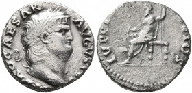 Nero, 54-68. Denarius (Silver, 17 mm, 2.92 g, 7 h), Rome, 64-65. NERO CAESAR AVGVSTVS Laureate head of Nero to right. Rev. IVPPITER CVSTOS Jupiter sea...