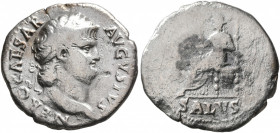 Nero, 54-68. Denarius (Silver, 19 mm, 2.49 g, 6 h), Rome, 65-66. NERO CAESAR AVGVSTVS Laureate head of Nero to right. Rev. SALVS Salus seated left on ...