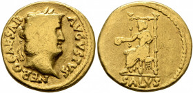 Nero, 54-68. Aureus (Gold, 19 mm, 7.41 g, 6 h), Rome, circa 66-67. NERO CAESAR AVGVSTVS Laureate head of Nero to right. Rev. SALVS Salus seated left o...