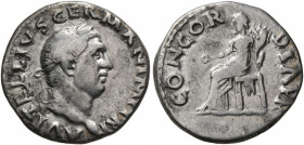 Vitellius, 69. Denarius (Silver, 18 mm, 3.36 g, 6 h), Rome, late April-20 December 69. A VITELLIVS GERMAN IMP TR P Laureate head of Vitellius to right...
