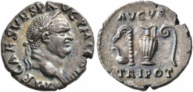 Vespasian, 69-79. Denarius (Silver, 18 mm, 3.40 g, 6 h), Rome, 72-73. IMP CAES VESP AVG P M COS IIII Laureate head of Vespasian to right. Rev. AVGVR /...