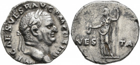 Vespasian, 69-79. Denarius (Silver, 17 mm, 3.29 g, 6 h), Rome, 72-73. IMP CAES VESP AVG P M COS IIII Laureate head of Vespasian to right. Rev. VES-TA ...