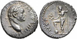 Vespasian, 69-79. Denarius (Silver, 17 mm, 3.44 g, 6 h), Antiochia, 72-73. IMP CAES VESP AVG P M COS IIII Laureate head of Vespasian to right. Rev. NE...