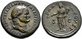 Vespasian, 69-79. Sestertius (Orichalcum, 33 mm, 26.39 g, 5 h), Rome, 76. IMP CAES VESPASIAN AVG P M TR P P P COS VII Laureate head of Vespasian to ri...