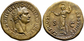 Domitian, 81-96. Dupondius (Orichalcum, 27 mm, 13.50 g, 7 h), Rome, 81. IMP CAES DIVI VESP P F DOMITIAN AVG P M Laureate head of Domitian to right. Re...