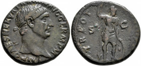 Trajan, 98-117. As (Bronze, 26 mm, 12.07 g, 6 h), Rome, 100. IMP CAES NERVA TRAIAN AVG GERM P M Laureate head of Trajan to right. Rev. TR POT [COS III...