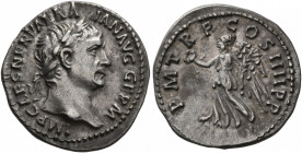 Trajan, 98-117. Denarius (Silver, 19 mm, 3.10 g, 8 h), Rome, 102. IMP CAES NERVA TRAIAN AVG GERM Laureate bust of Trajan to right. Rev. P M TR P COS I...
