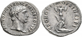 Trajan, 98-117. Denarius (Silver, 18 mm, 3.11 g, 6 h), Rome, circa 103-107. IMP TRAIANO AVG GER DAC P M TR P P COS V P P Laureate head of Trajan to ri...