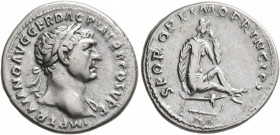 Trajan, 98-117. Denarius (Silver, 19 mm, 3.30 g, 5 h), Rome, 103-107. IMP TRAIANO AVG GER DAC P M TR P COS V P P Laureate head of Trajan to right, wit...