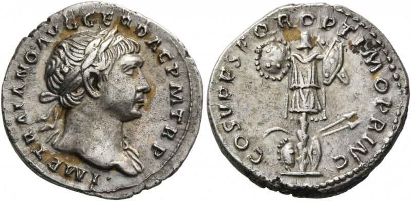 Trajan, 98-117. Denarius (Silver, 19 mm, 3.00 g, 7 h), Rome, circa 107-108. IMP ...