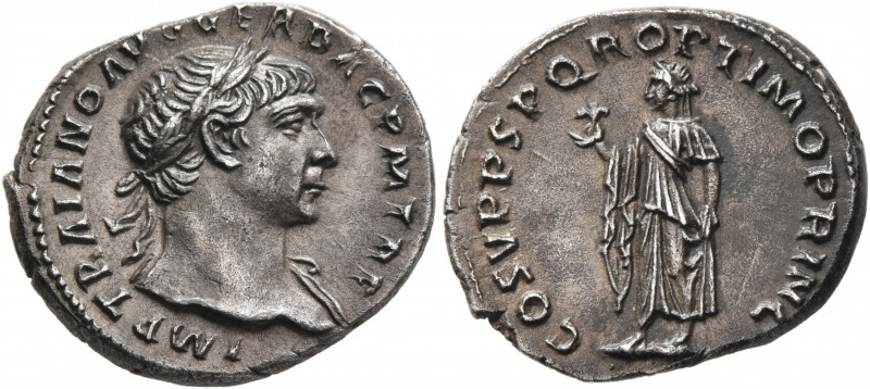 Trajan, 98-117. Denarius (Silver, 19 mm, 3.37 g, 8 h), Rome, circa 107-108. IMP ...