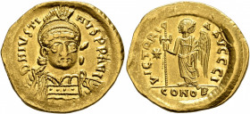 Justin I, 518-527. Solidus (Gold, 21 mm, 4.43 g, 6 h), Constantinopolis, 518-519. D N IVSTINVS P P AVG Pearl-diademed, helmeted and cuirassed bust of ...